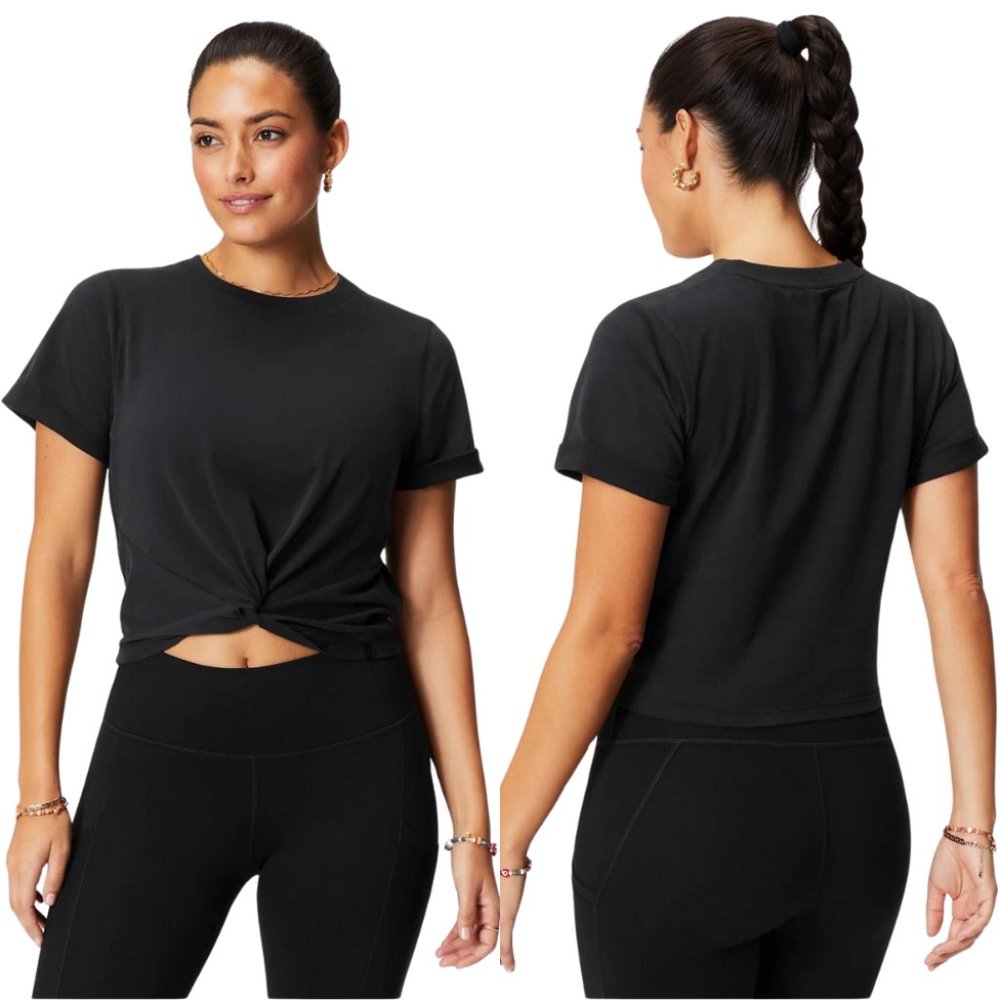 Free Yoga Twist Front Tie Tee Cropped Short Sleeve Shirt Black SZ LARGE & XL NWT